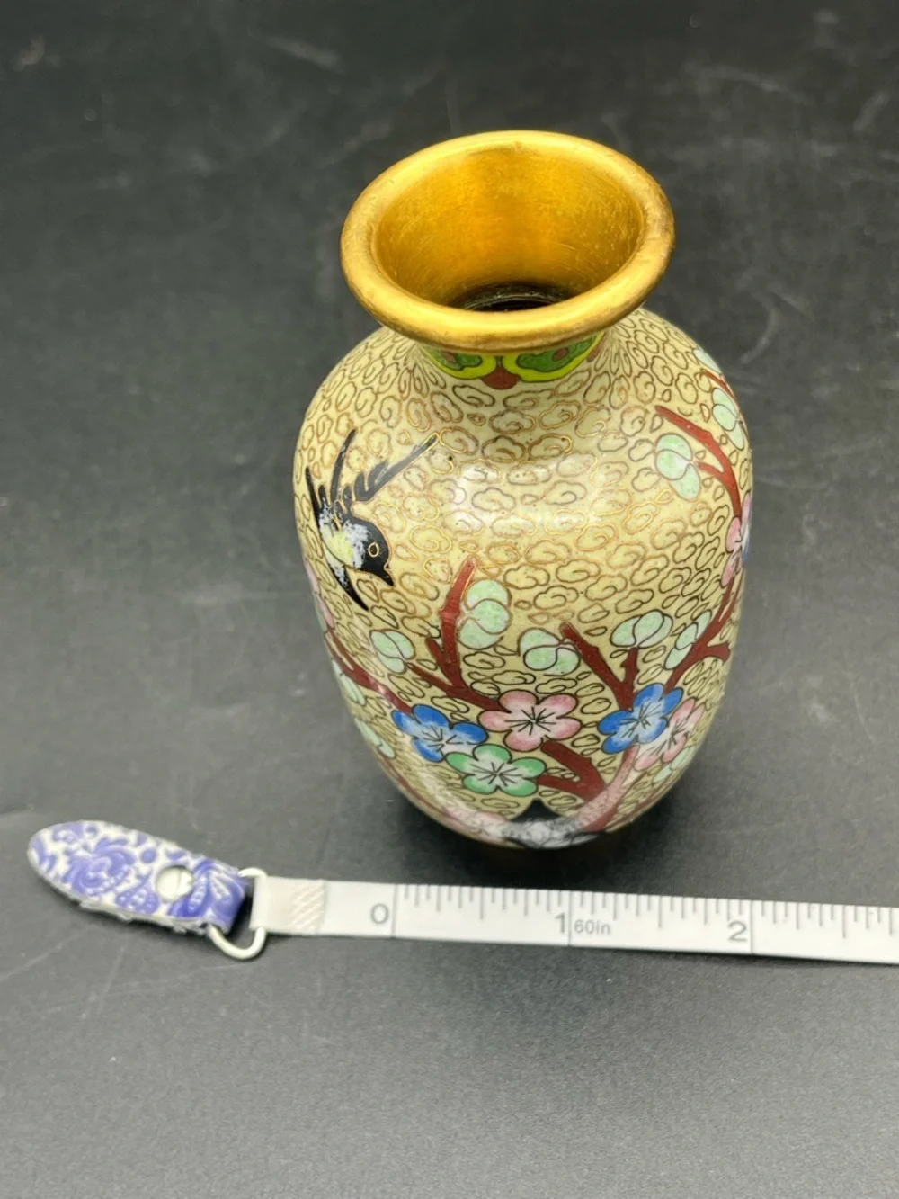 Vintage Asian Oriental Cloisonne Enameled Vase Floral bird, 4” - Picture 9 of 12